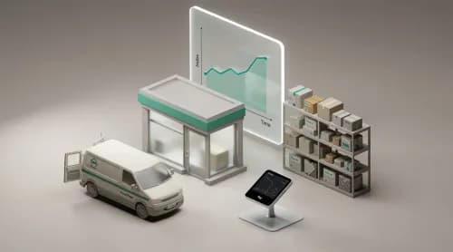 3D-Illustration: Ladengeschäft, Lieferwagen und Glaspanel mit Kurve symbolisieren E-Commerce-News