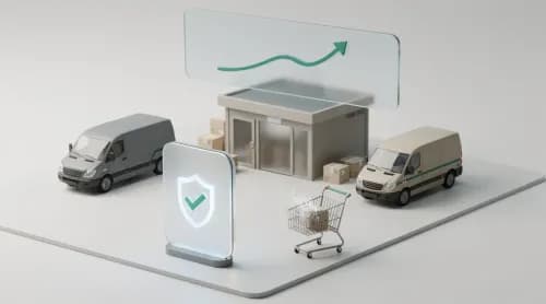 3D-Illustration zu Paketdiensten, Bezahldiensten, Sicherheit und KI im Online-Handel