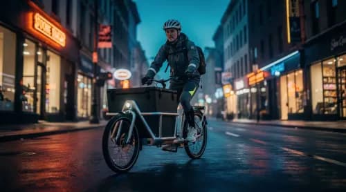 Fahrradkurier rast in der Dämmerung durch die Stadt, Sinnbild für Tempo im Liefer-Wettbewerb