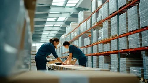 Mitarbeitende sortieren Pakete in hellem Fulfillment-Center als Symbol für den E-Commerce-Boom