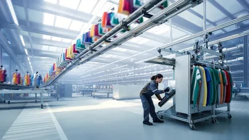 Mitarbeiter prüft Kleidungsstücke an automatisierter Pick-to-Pouch-Station im Fashion-Fulfillment-Center