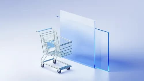 3D-Illustration: Einkaufswagen aus Glas löst sich aus Nebel, Symbol für E-Commerce-Mythen