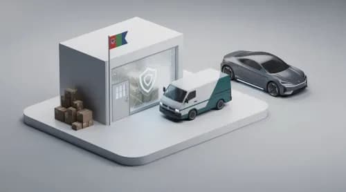 3D-Illustration zu E-Commerce-Trends: globaler Handel, lokale Marken, Sicherheit und autonome Mobilität