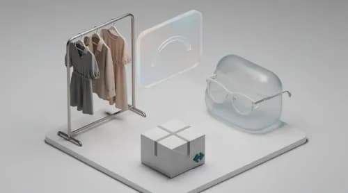 3D-Illustration zu E-Commerce-Themen: Mode, Retouren, Brillen und digitale Zahlungsservices