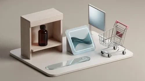 3D-Illustration zu E-Commerce-Themen: Shop, Apotheke, Werbung und Handel im Überblick