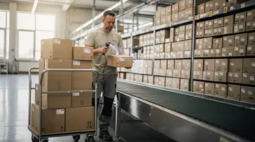 Mitarbeiter scannt Paket im Logistik-Hub für internationalen Versand ohne Zollaufwand