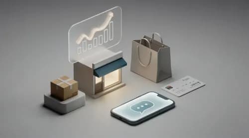 3D-Illustration zu E-Commerce-News: Shop, Chat, Börse und Paket symbolisieren Ebay, Amazon, KI und Trade Republic