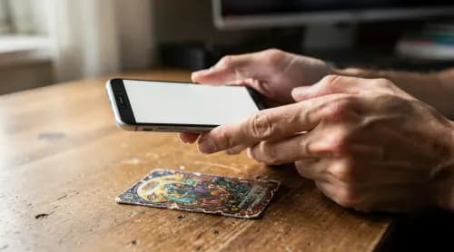 Person scannt eine bunte Sammelkarte mit dem Smartphone auf einem Schreibtisch