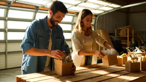 Zwei Gründer packen nachhaltige Ecogift-Geschenkboxen von Hand in ihrer Garage