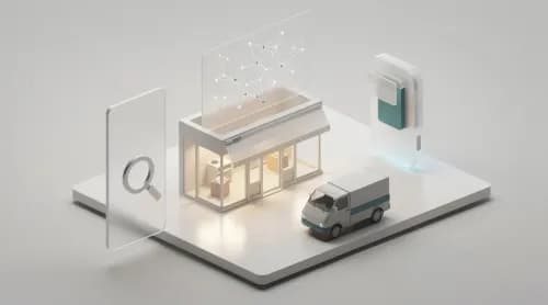 3D-Illustration zu E-Commerce-Themen: Marktplatz, Zahlung, KI und Logistik im Überblick