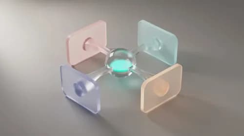 3D-Illustration: fünf europäische Zahlungssysteme verbinden sich zu zentralem Hub