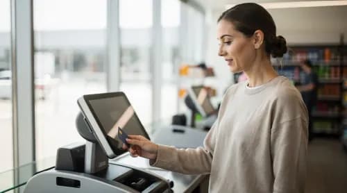 Frau zahlt gewohnheitsmäßig kontaktlos per Karte am Self-Checkout im Supermarkt