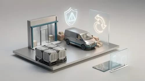 3D-Illustration zu Fake-Shops, Retouren, Lieferkette und Handel: Shop, Lieferwagen, Pakete, Terminal