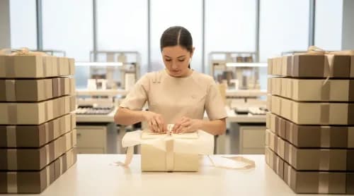 Mitarbeiterin verpackt Ware in stiller Luxus-Versandstation als Symbol für abgeschalteten Webshop