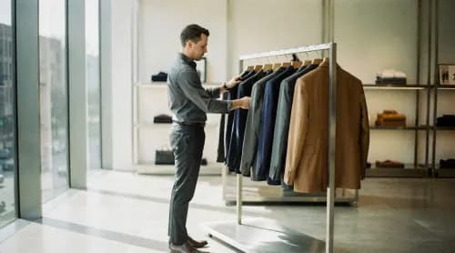 Mitarbeiter ordnet Anzüge im minimalistischen Flagship-Store einer Premium-Modemarke