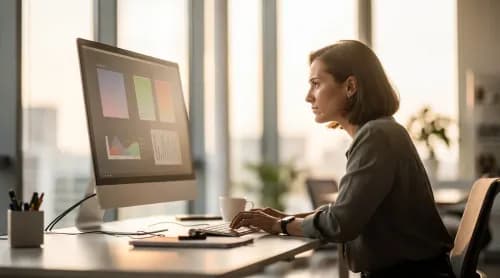 Marketing-Managerin analysiert konzentriert Werbekampagnen-Daten am Bildschirm im Büro