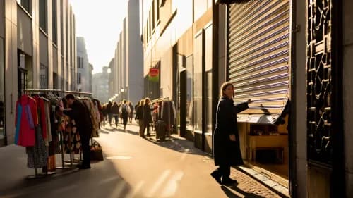 Händler öffnet morgens sein Geschäft in belebter, moderner Fußgängerzone der Innenstadt