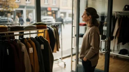 Ladenbesitzerin blickt auf leere Straße - Stimmung im stationären Handel bleibt gedämpft