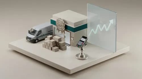 3D-Illustration zu E-Commerce-Themen: Gewährleistung, Handel, Zahlungen und Logistik im Überblick