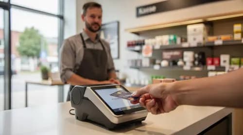 Kundin bezahlt kontaktlos mit Girocard am Terminal im modernen Ladengeschäft