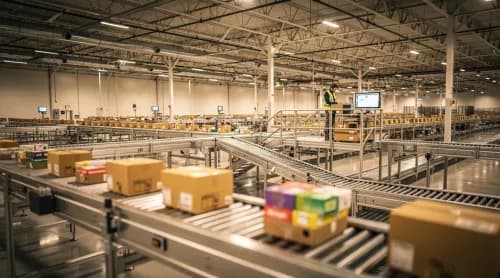 Moderne Logistikanlage mit Leitschienen für Pakete als Sinnbild für Leitplanken bei KI-Agenten