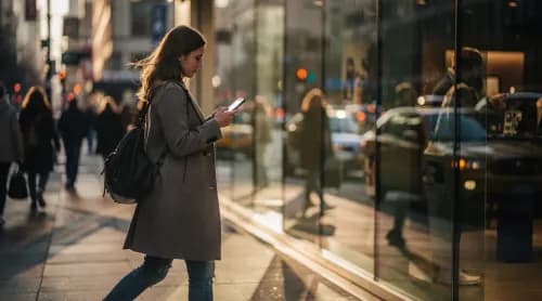 Frau prüft Smartphone vor Ladengeschäft – Local SEO und Kaufabsicht via Google Maps
