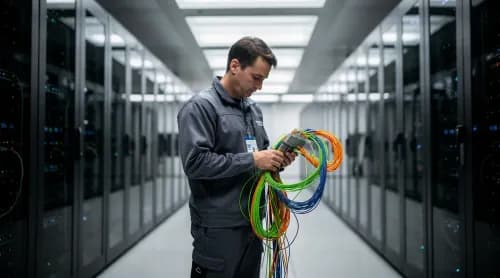 Techniker kontrolliert Glasfaserkabel im modernen Rechenzentrum für europaweites Breitband-Netz