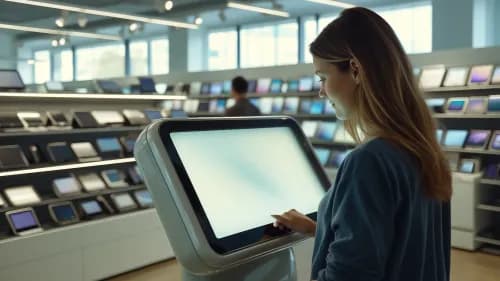 Kundin nutzt interaktiven Touchscreen für KI-gestützte Produktberatung im modernen Store