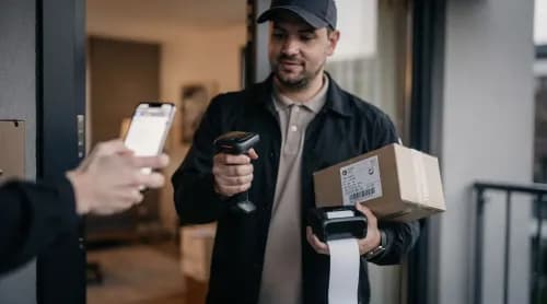 Zusteller scannt QR-Code vom Smartphone und druckt Retourenquittung an der Haustür