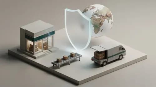 3D-Illustration zu E-Commerce-News: Paketversand, Rechtsschutz-Widget und globaler Handel