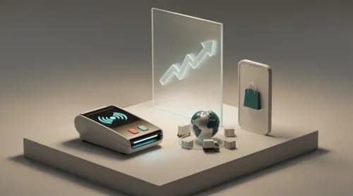 3D-Illustration zu Payments, globalem Handel, KI-Trends und Social Commerce im E-Commerce-Briefing