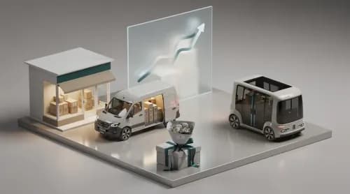 3D-Illustration zu E-Commerce-Themen: Investitionen, Lieferung, Blumenpaket und autonome Mobilität