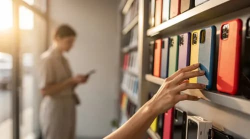Kundin wählt Handyhülle an gut sortiertem Zubehörregal im modernen Elektronikfachgeschäft