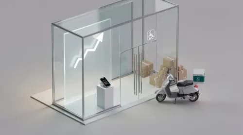 3D-Illustration: Storefront, Lieferbote, Charts und Zahlungsterminal symbolisieren E-Commerce-News