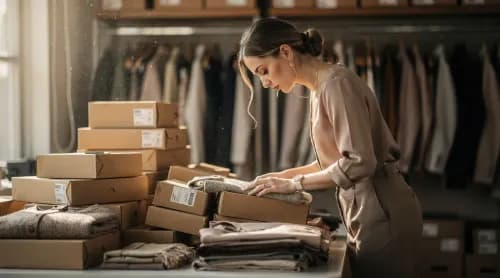 Mitarbeiterin sortiert viele Retourenpakete neben wenigen verkaufsbereiten Kleidungsstücken im Modehaus