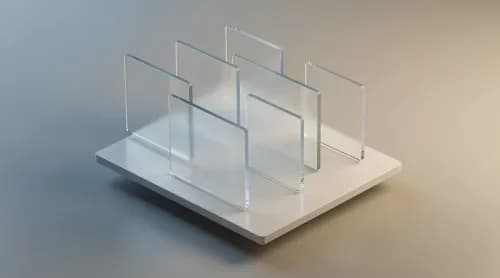Abstrakte 3D-Illustration eines virtuellen Showrooms mit Milchglas-Ebenen für digitale Markenwelten