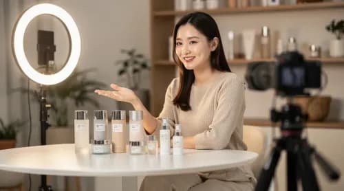 Content-Creatorin präsentiert Korean-Beauty-Produkte während einer Live-Shopping-Session