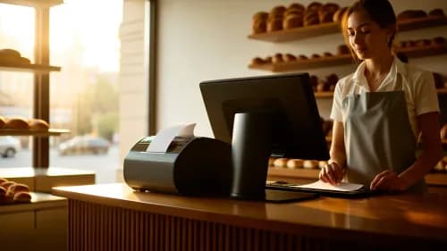 Bäckereiverkäuferin bedient moderne Kasse mit Kassenbon im Tageslicht
