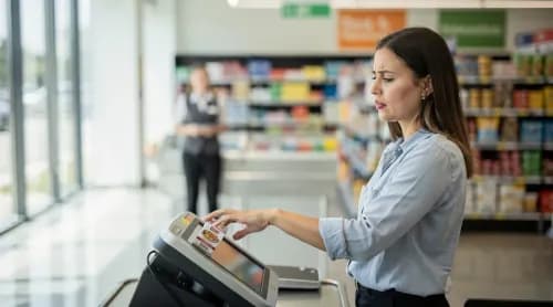 Kundin zögert am Self-Checkout und sucht menschliche Beratung statt KI-Kauf