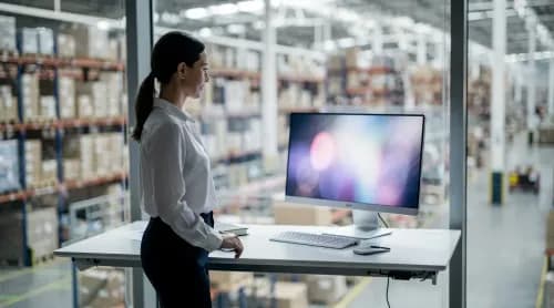 Supply-Chain-Mitarbeiterin blickt ruhig über automatisiertes Warehouse, KI ordnet Prozesse