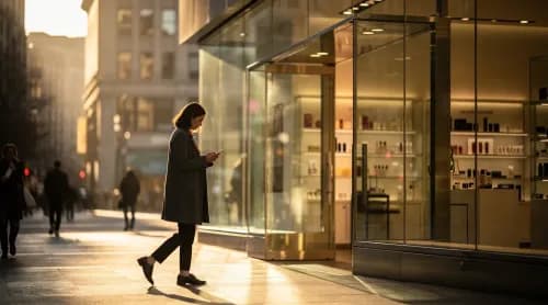 Frau mit Smartphone betritt moderne Beauty-Filiale nach digitaler Werbeansprache