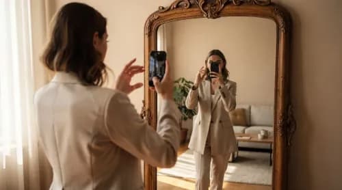 Frau prüft per Smartphone-Kamera zuhause virtuell die Passform einer Jacke