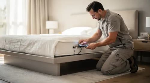 Servicetechniker installiert smarte Matratzen-Technologie im modernen Schlafzimmer