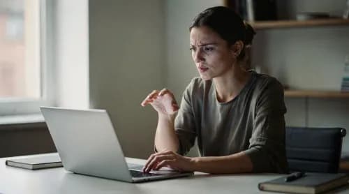 Büroangestellte zögert nachdenklich vor Laptop – Symbolbild für KI-personalisierte Phishing-Mails
