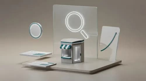 3D-Illustration zu KI-Suche, digitalem Euro, Rechnungskauf und E-Commerce-Trends