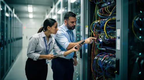 Netzwerktechniker prüfen im Rechenzentrum Kabel wegen steigender KI-Datenlast