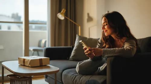 Frau nutzt entspannt Shopping-App zuhause, Paket auf dem Tisch symbolisiert digitalen Einkauf
