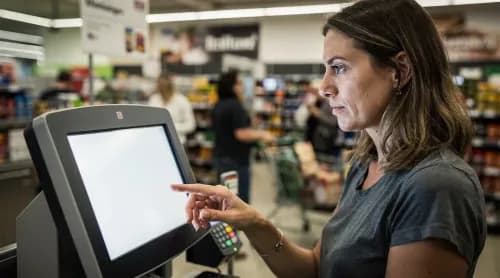Kundin zögert am Self-Checkout im Supermarkt, Symbolbild für Klarnas Umsatzrückgang in Deutschland