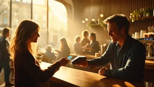 Café-Besitzerin testet mit Kundin eine neue kontaktlose Zahlungsmethode per Smartphone
