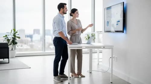 Zwei IT-Experten arbeiten gemeinsam an einer Bildschirmlösung im modernen Büro